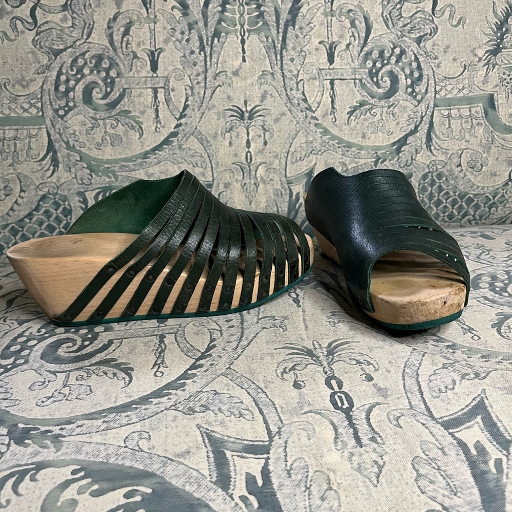 Green Leather Women's Wedge Sandals